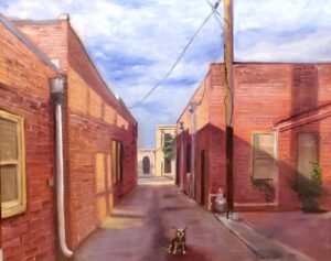 Painting of alley with a chihuahua sitting in the middle.