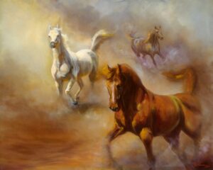 Painting of three horses running through dust