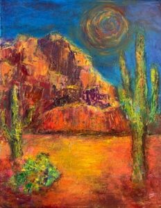 Painting of desert with mountain and cacti.