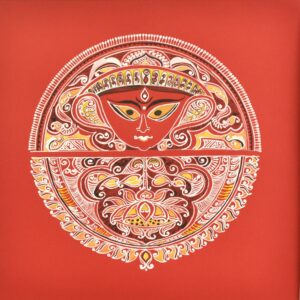 Red painting with a face and mandala in the center.