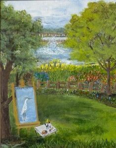 Cuadro acrílico de una escena de río con árboles y un cuadro en primer plano.