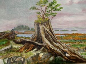 Textile painting of tree stump with new tree sprouting out of it.
